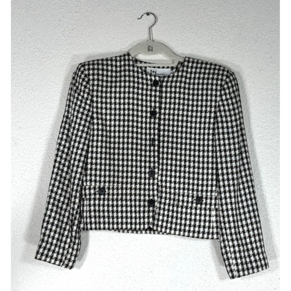 Prophecy Black Houndstooth Blazer - 4 - Rayon Cropped Button Up Vintage 90s USA